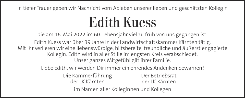  Traueranzeige für Edith Kuess vom 26.05.2022 aus Kleine Zeitung
