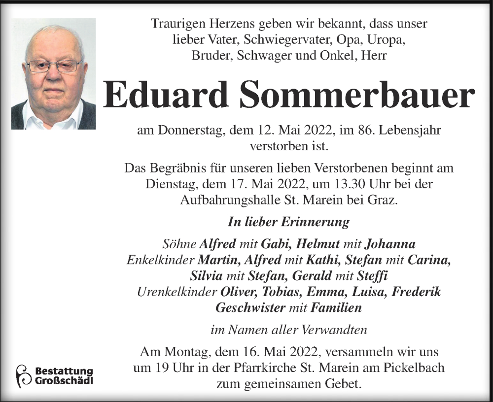  Traueranzeige für Eduard Sommerbauer vom 14.05.2022 aus Kleine Zeitung