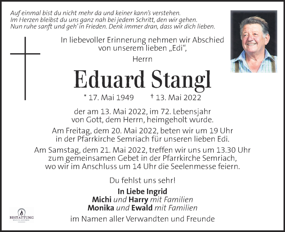  Traueranzeige für Eduard Stangl vom 18.05.2022 aus Kleine Zeitung
