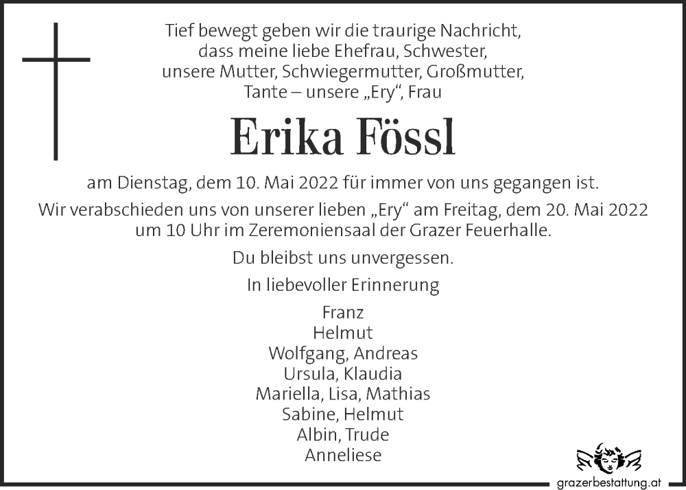  Traueranzeige für Erika Fössl vom 14.05.2022 aus Kleine Zeitung
