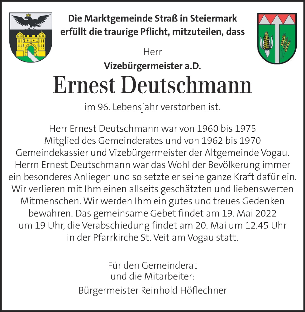  Traueranzeige für Ernest Deutschmann vom 18.05.2022 aus Kleine Zeitung