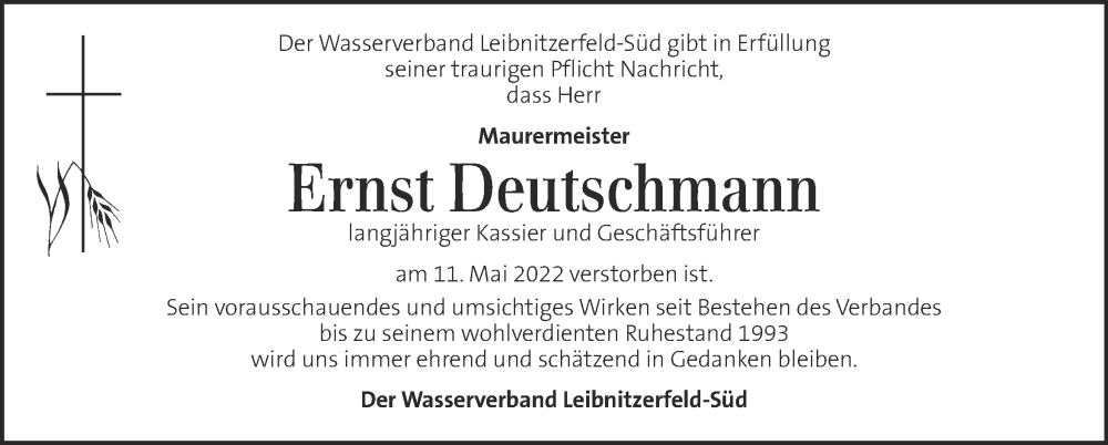  Traueranzeige für Ernst Deutschmann vom 14.05.2022 aus Kleine Zeitung