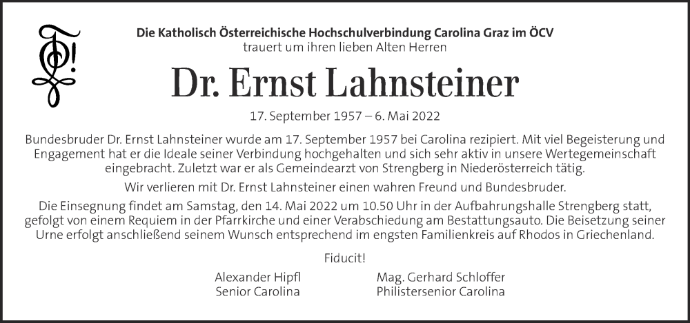  Traueranzeige für Ernst Lahnsteiner vom 13.05.2022 aus Kleine Zeitung