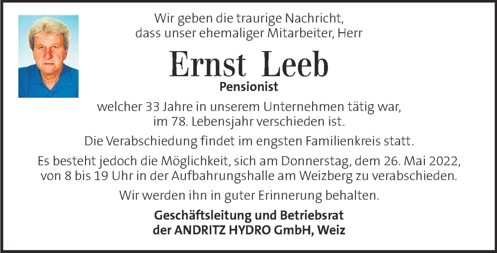  Traueranzeige für Ernst Leeb vom 25.05.2022 aus Kleine Zeitung