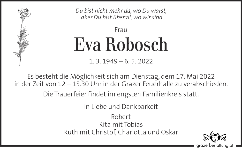  Traueranzeige für Eva Robosch vom 14.05.2022 aus Kleine Zeitung
