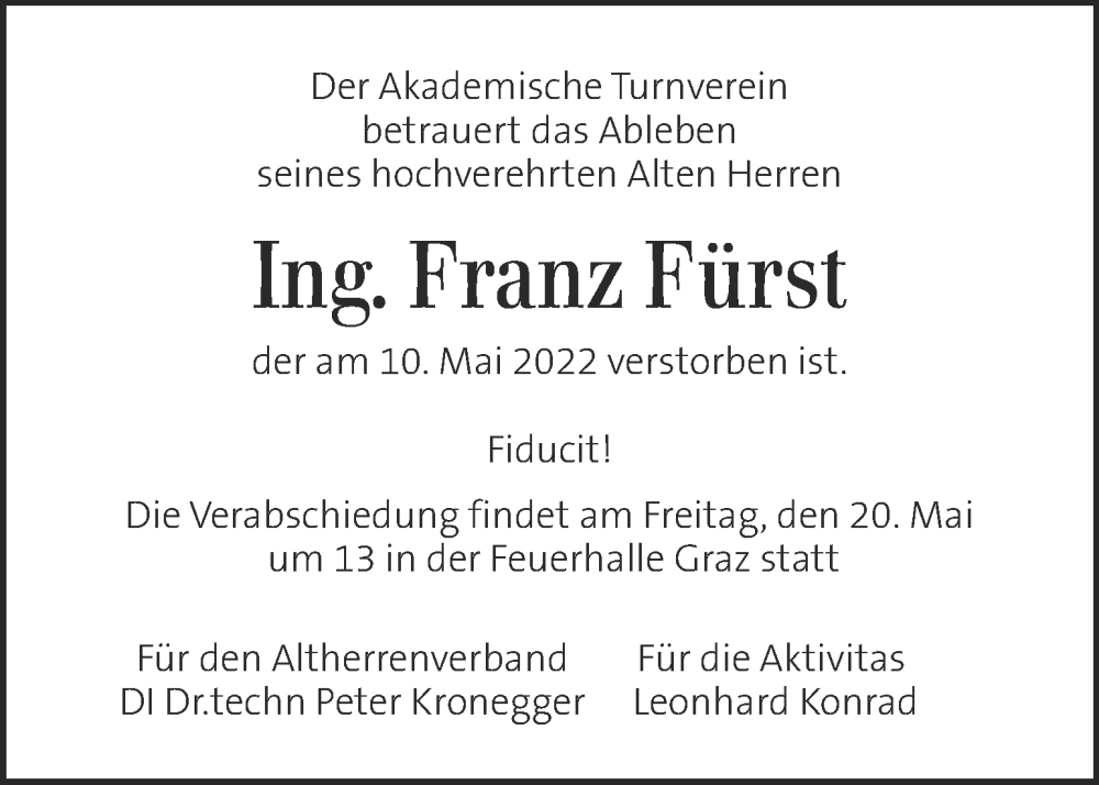  Traueranzeige für Franz Fürst vom 13.05.2022 aus Kleine Zeitung