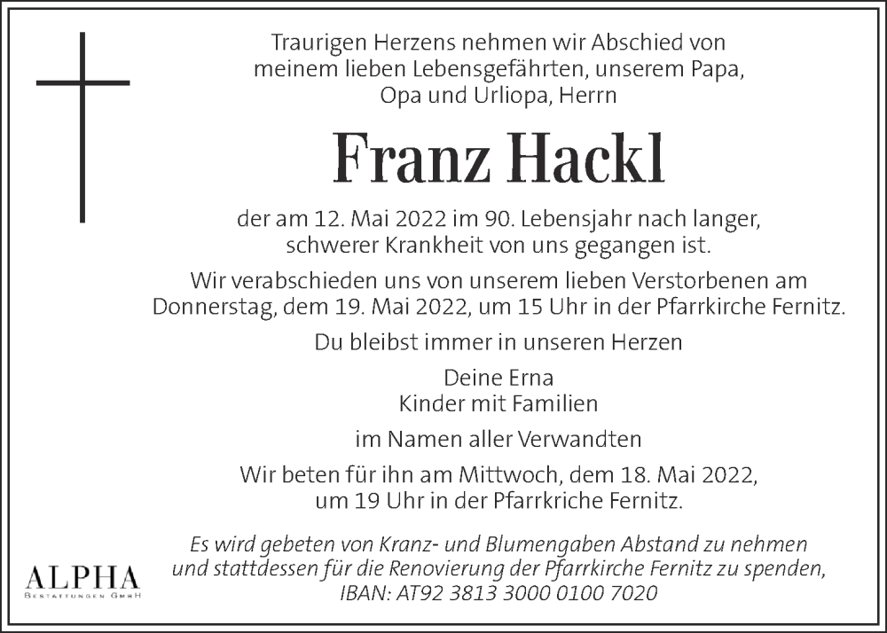  Traueranzeige für Franz Hackl vom 17.05.2022 aus Kleine Zeitung