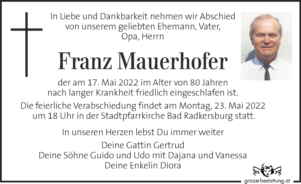  Traueranzeige für Franz Mauerhofer vom 20.05.2022 aus Kleine Zeitung