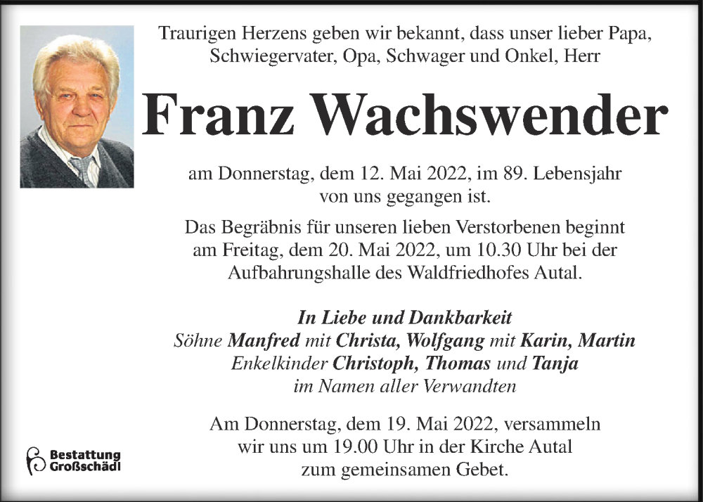  Traueranzeige für Franz Wachswender vom 17.05.2022 aus Kleine Zeitung