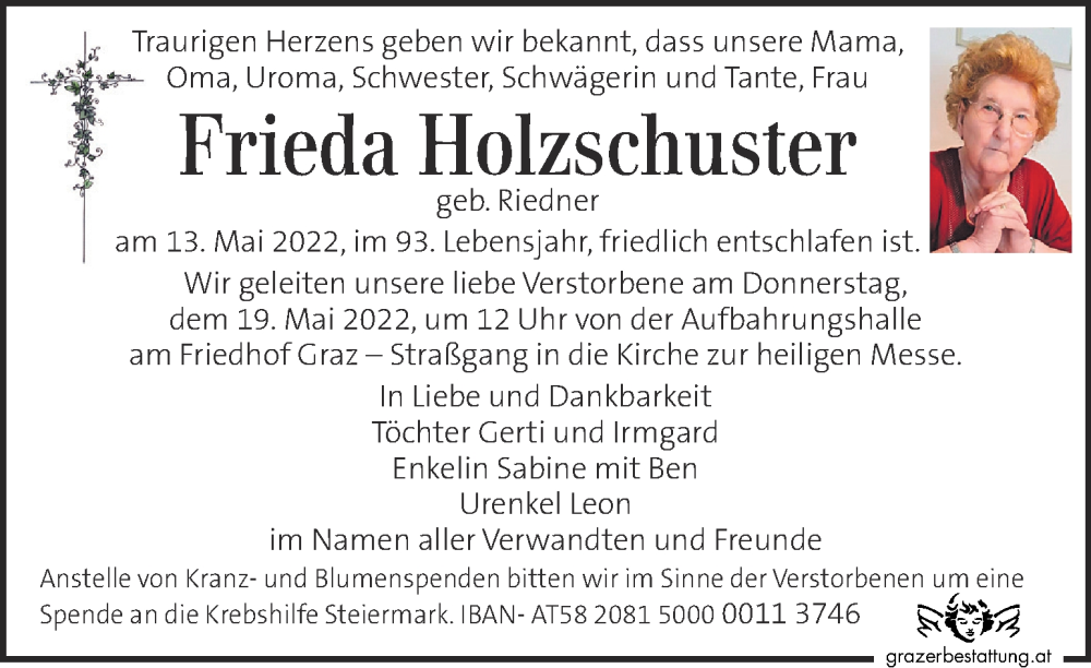  Traueranzeige für Frieda Holzschuster vom 18.05.2022 aus Kleine Zeitung