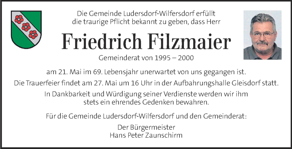  Traueranzeige für Friedrich Filzmaier vom 25.05.2022 aus Kleine Zeitung