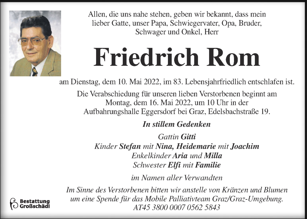  Traueranzeige für Friedrich Rom vom 12.05.2022 aus Kleine Zeitung