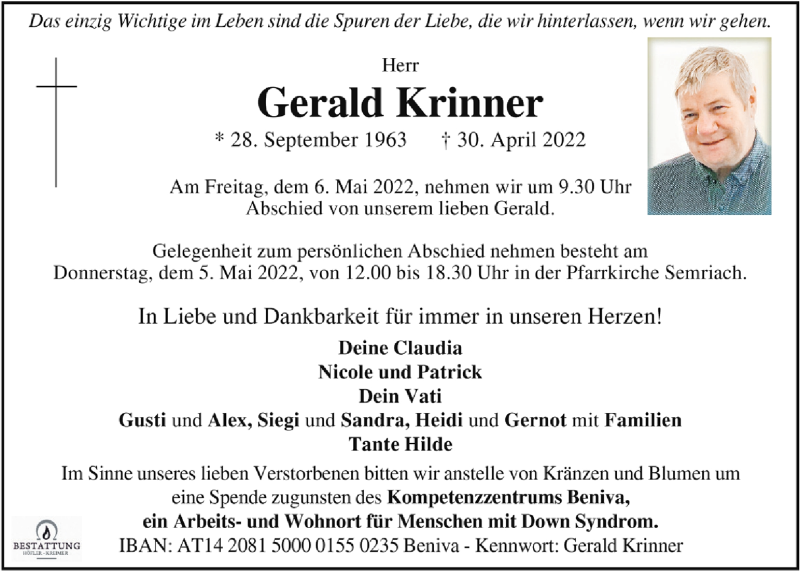  Traueranzeige für Gerald Krinner vom 04.05.2022 aus Kleine Zeitung