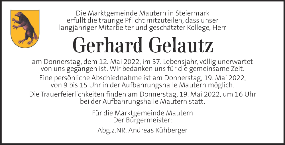  Traueranzeige für Gerhard Gelautz  vom 19.05.2022 aus Kleine Zeitung