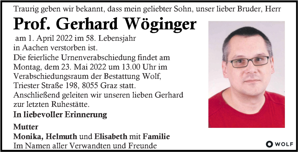  Traueranzeige für Gerhard Wöginger vom 15.05.2022 aus Kleine Zeitung