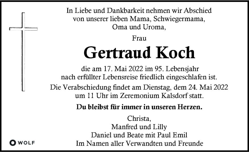  Traueranzeige für Gertraud Koch vom 20.05.2022 aus Kleine Zeitung