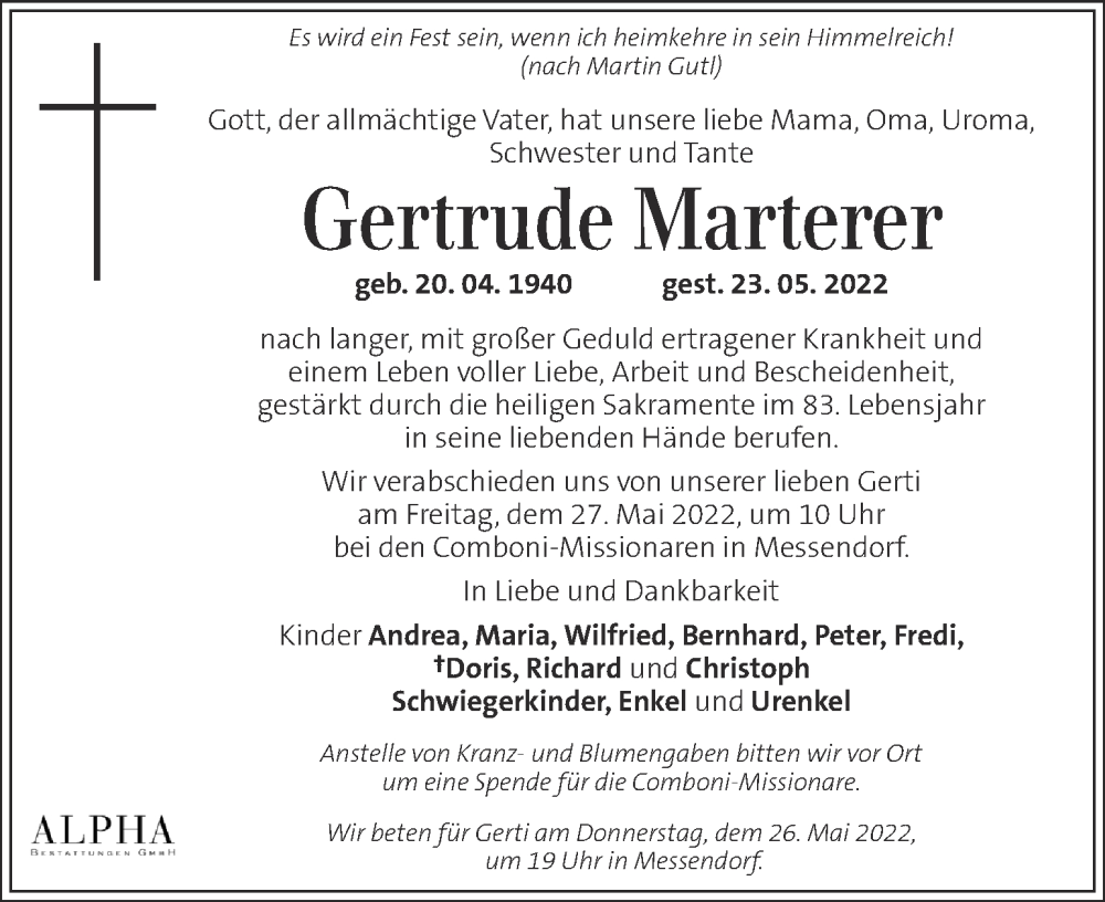  Traueranzeige für Gertrude Marterer vom 25.05.2022 aus Kleine Zeitung