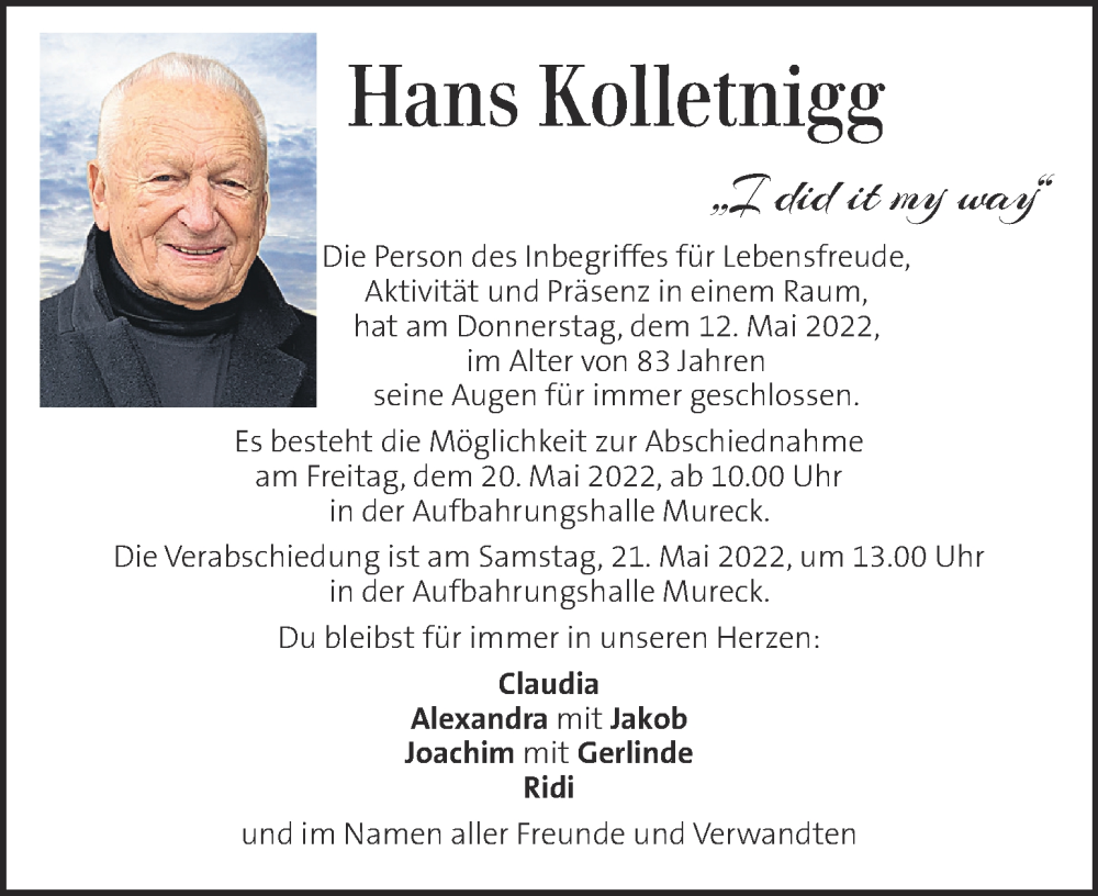  Traueranzeige für Hans Kolletnigg vom 18.05.2022 aus Kleine Zeitung