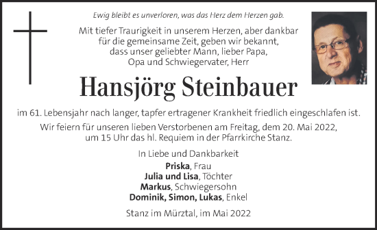 Traueranzeige von Hansjörg Steinbauer von Kleine Zeitung