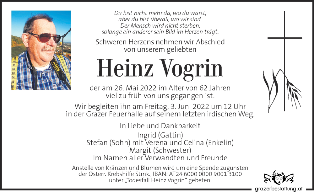  Traueranzeige für Heinz Vogrin vom 31.05.2022 aus Kleine Zeitung