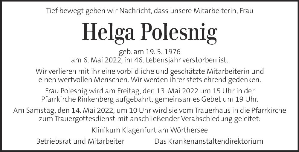  Traueranzeige für Helga Polesnig vom 12.05.2022 aus Kleine Zeitung
