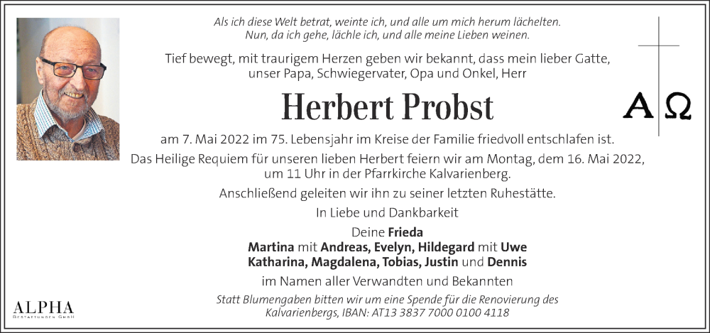  Traueranzeige für Herbert Probst vom 11.05.2022 aus Kleine Zeitung