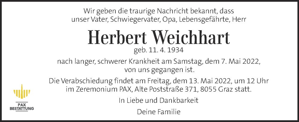  Traueranzeige für Herbert Weichhart vom 11.05.2022 aus Kleine Zeitung