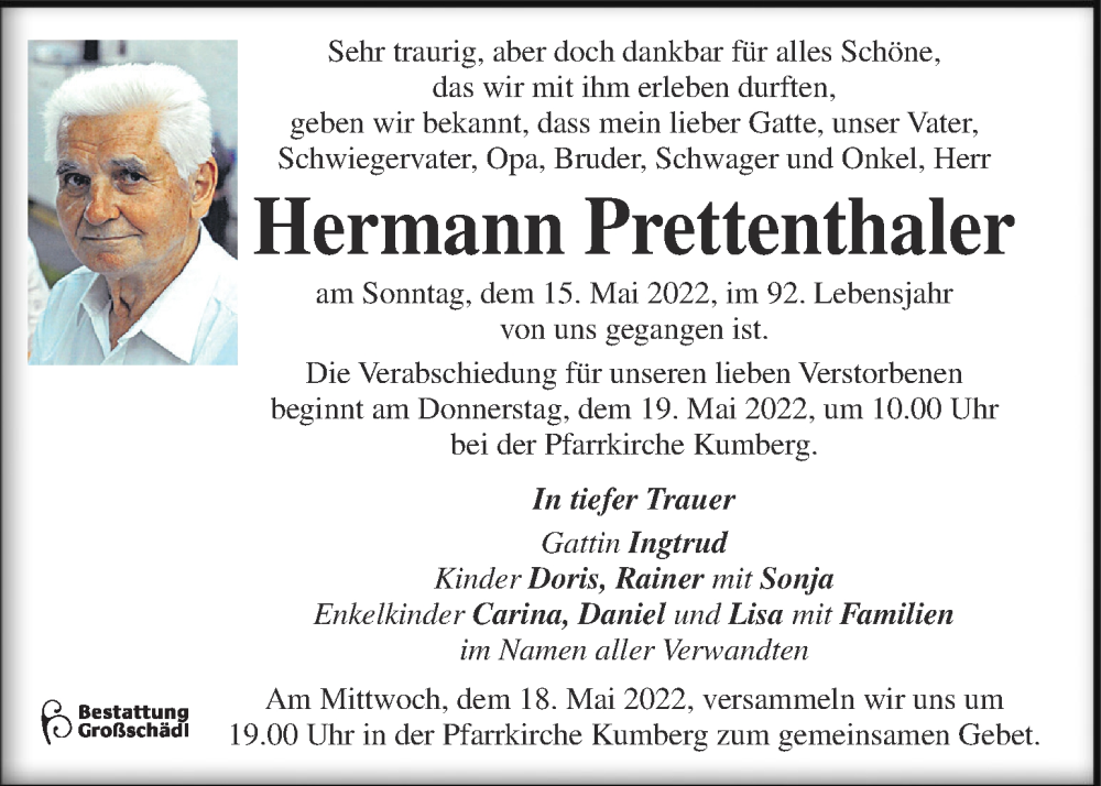  Traueranzeige für Hermann Prettenthaler vom 17.05.2022 aus Kleine Zeitung