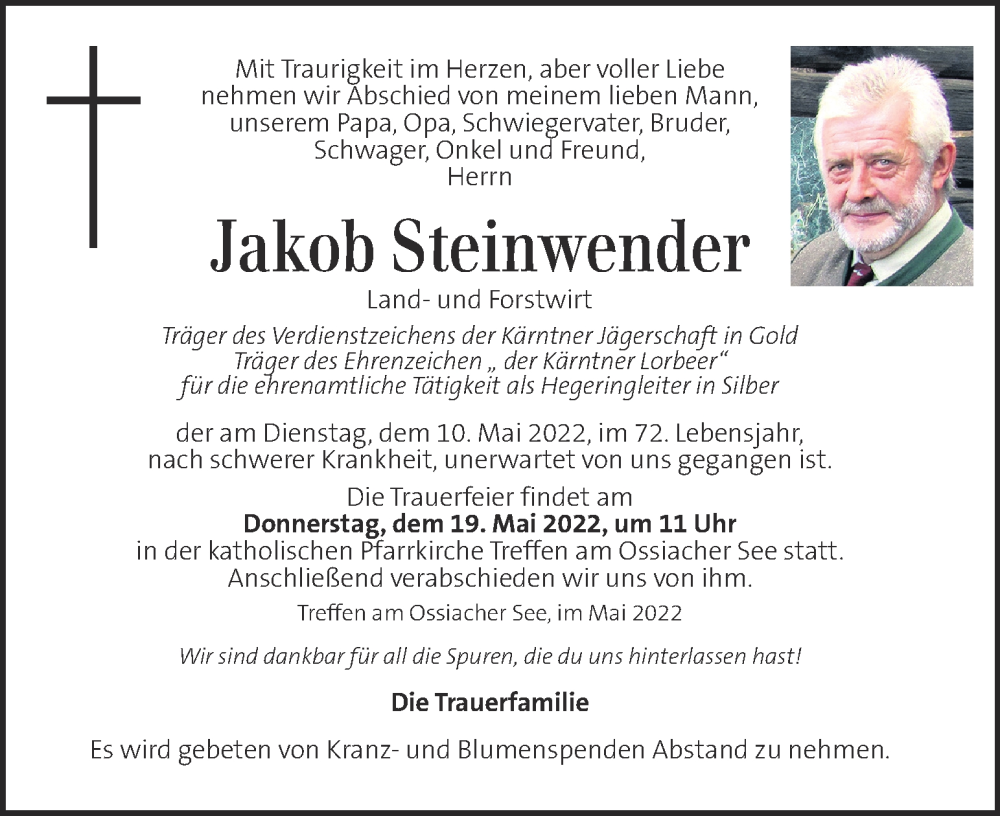  Traueranzeige für Jakob Steinwender vom 14.05.2022 aus Kleine Zeitung