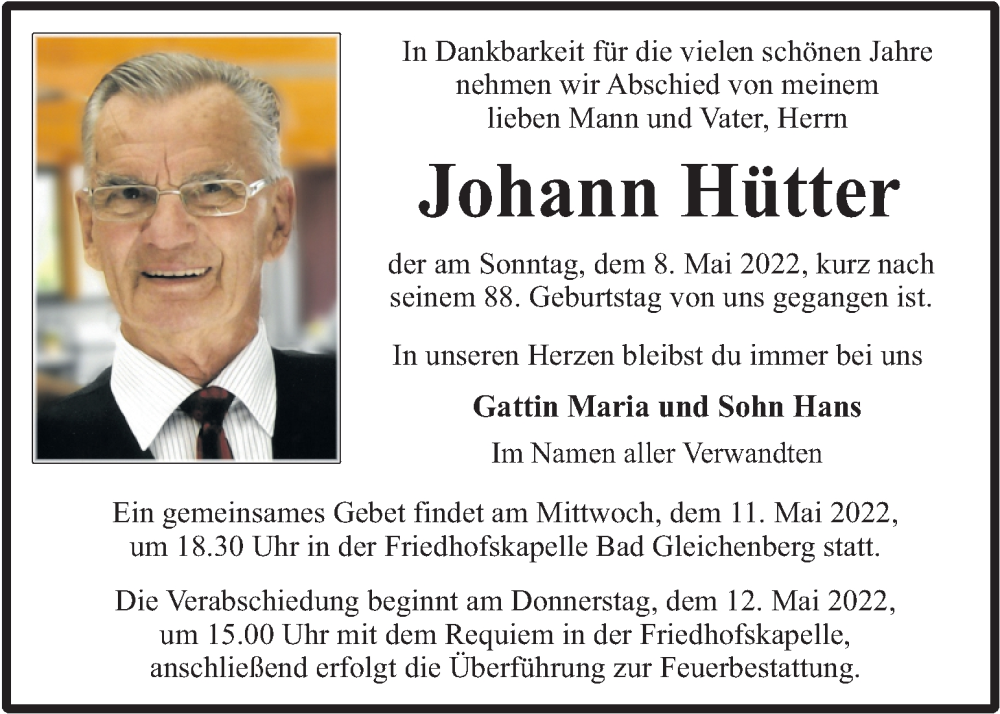  Traueranzeige für Johann Hütter vom 10.05.2022 aus Kleine Zeitung