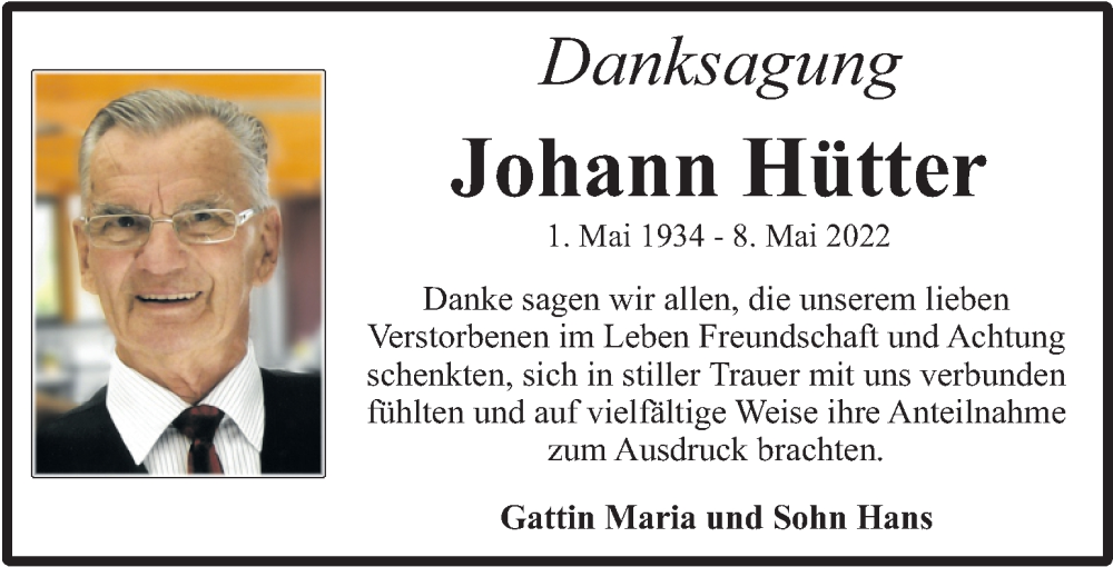  Traueranzeige für Johann Hütter vom 18.05.2022 aus Kleine Zeitung