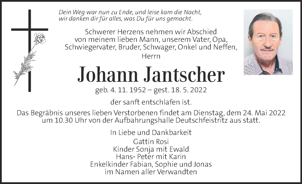  Traueranzeige für Johann Jantscher vom 21.05.2022 aus Kleine Zeitung