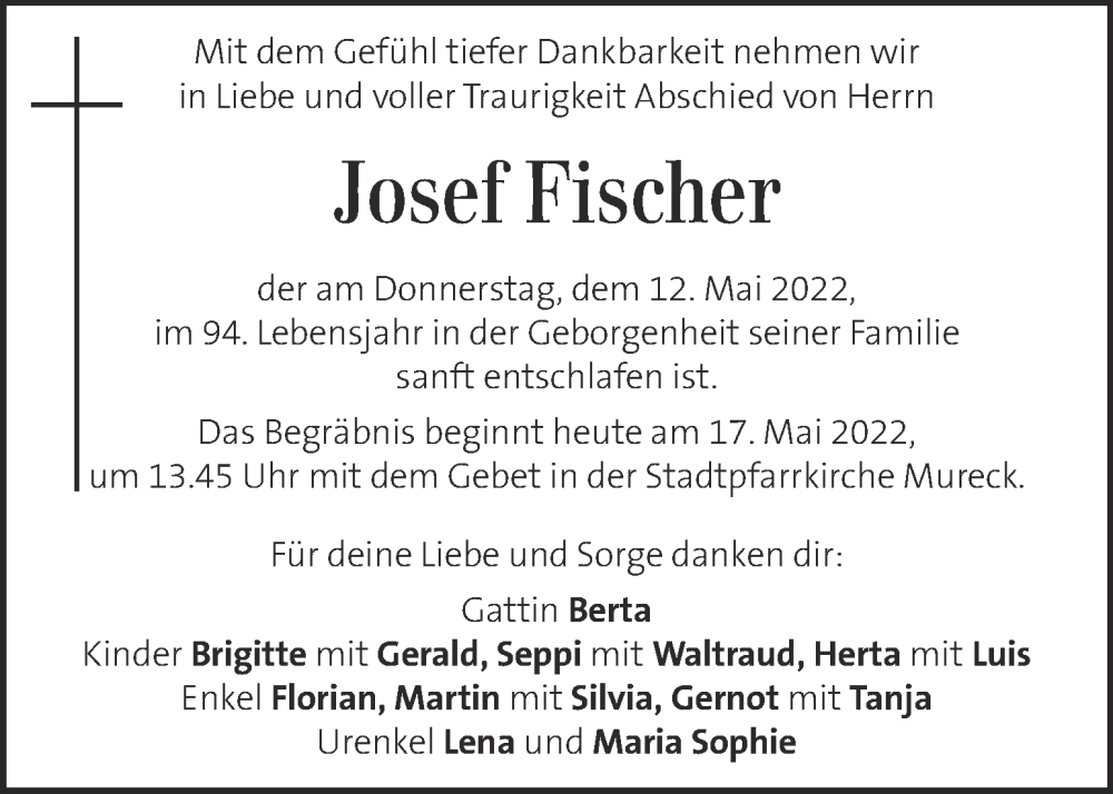 Traueranzeige für Josef Fischer vom 17.05.2022 aus Kleine Zeitung