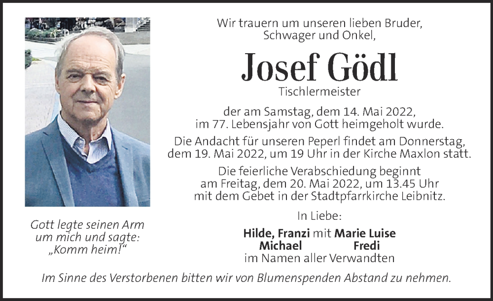  Traueranzeige für Josef Gödl vom 18.05.2022 aus Kleine Zeitung