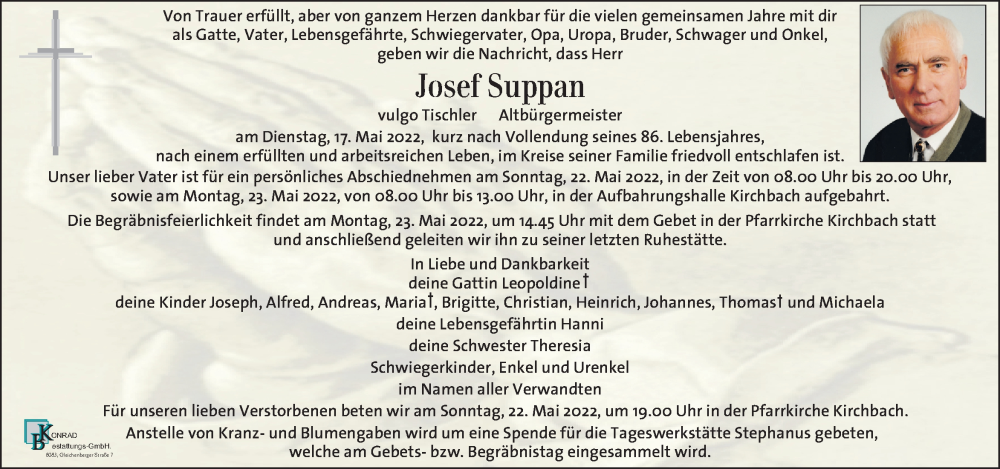  Traueranzeige für Josef Suppan vom 20.05.2022 aus Kleine Zeitung