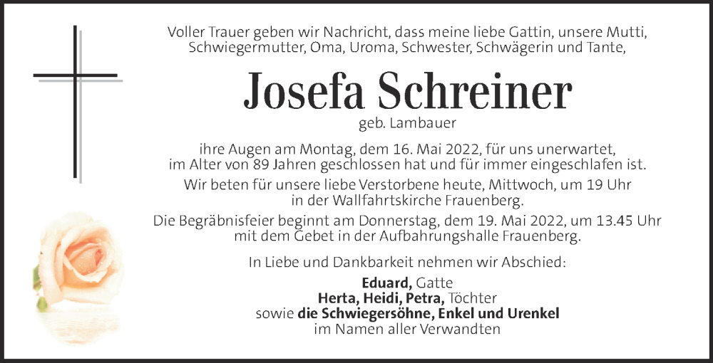  Traueranzeige für Josefa Schreiner vom 18.05.2022 aus Kleine Zeitung