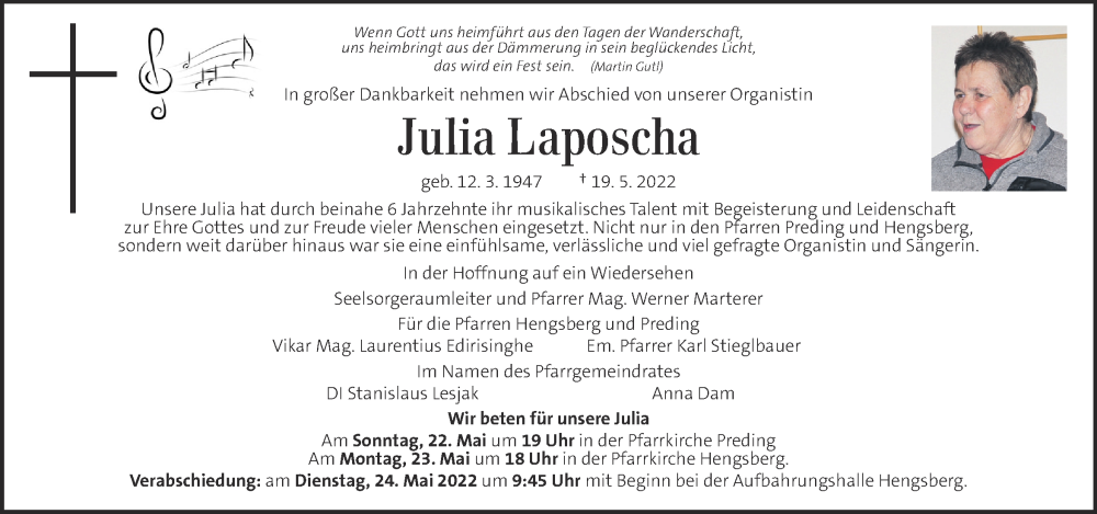  Traueranzeige für Julia Laposcha vom 22.05.2022 aus Kleine Zeitung