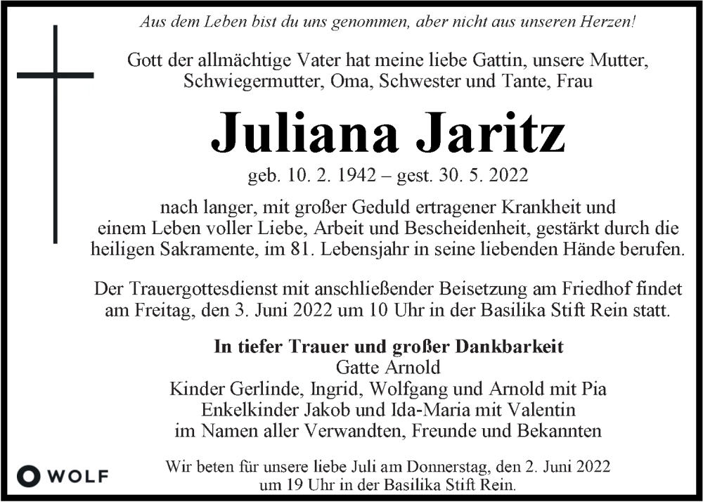  Traueranzeige für Juliana Jaritz vom 01.06.2022 aus Kleine Zeitung