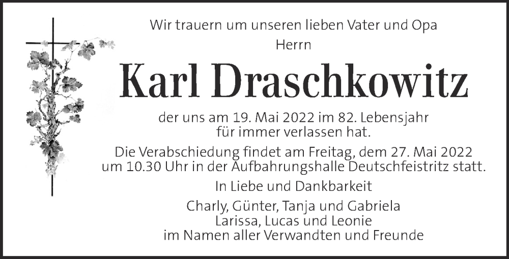  Traueranzeige für Karl Draschkowitz vom 25.05.2022 aus Kleine Zeitung
