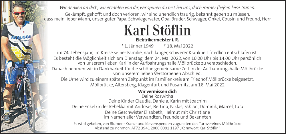  Traueranzeige für Karl Stöflin vom 22.05.2022 aus Kleine Zeitung