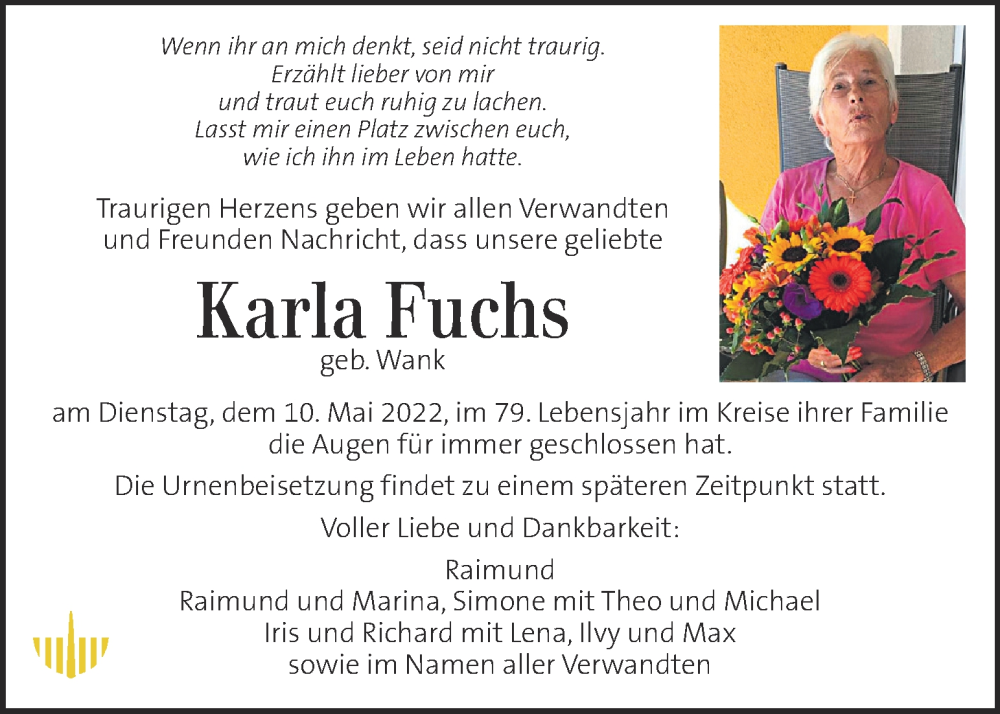  Traueranzeige für Karla Fuchs vom 18.05.2022 aus Kleine Zeitung