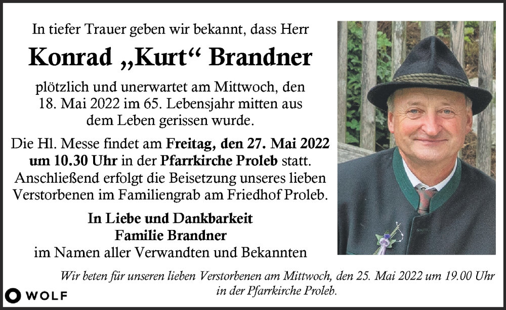  Traueranzeige für Konrad Brandner vom 24.05.2022 aus Kleine Zeitung
