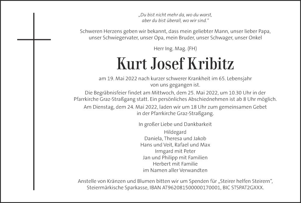  Traueranzeige für Kurt Kribitz vom 22.05.2022 aus Kleine Zeitung