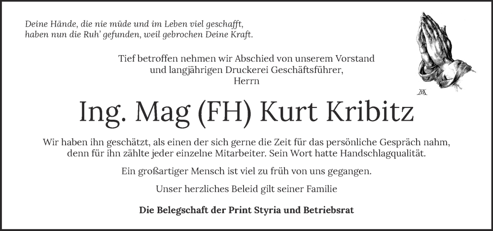  Traueranzeige für Kurt Kribitz vom 26.05.2022 aus Kleine Zeitung
