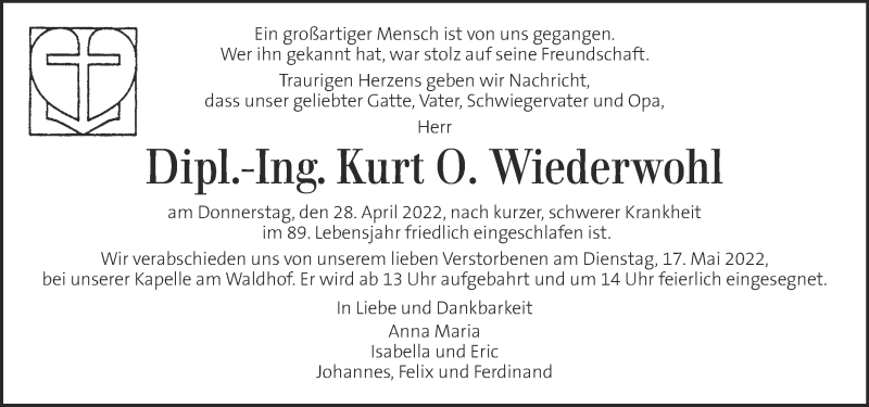  Traueranzeige für Kurt Wiederwohl vom 04.05.2022 aus Kleine Zeitung