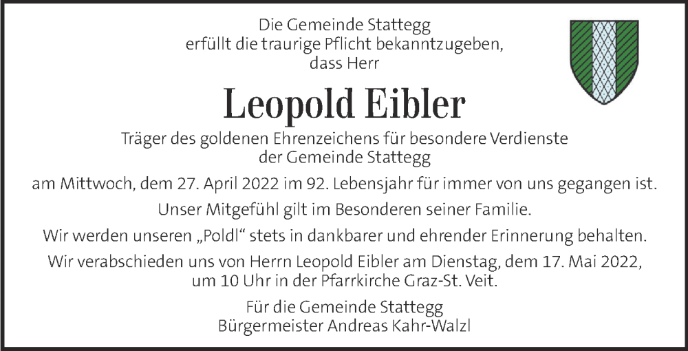  Traueranzeige für Leopold Eibler vom 12.05.2022 aus Kleine Zeitung
