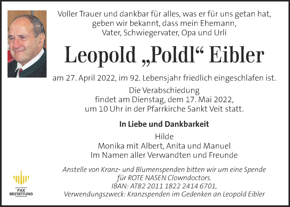  Traueranzeige für Leopold Eibler vom 11.05.2022 aus Kleine Zeitung