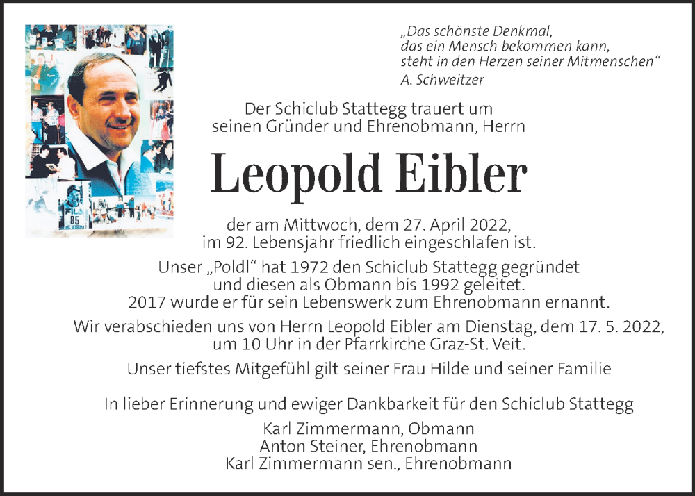  Traueranzeige für Leopold Eibler vom 13.05.2022 aus Kleine Zeitung