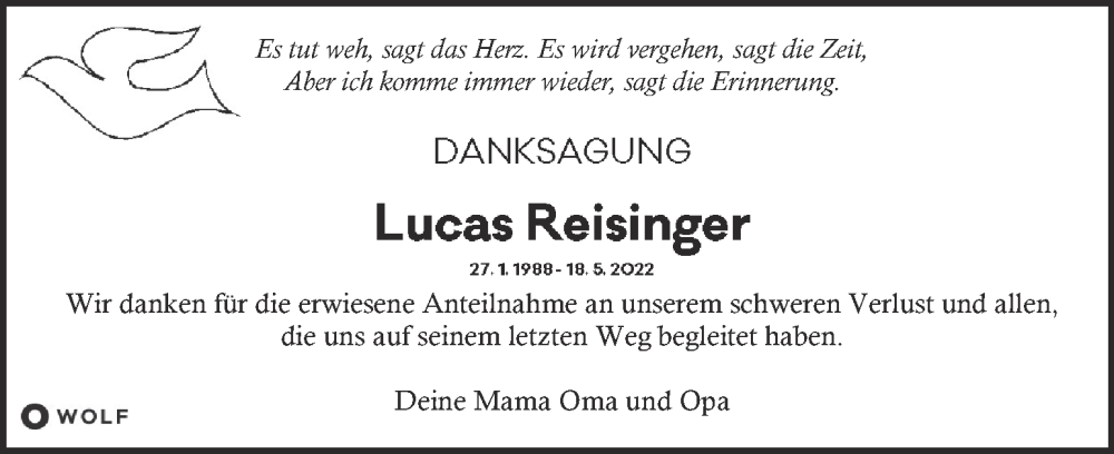  Traueranzeige für Lucas Reisinger vom 01.06.2022 aus Kleine Zeitung