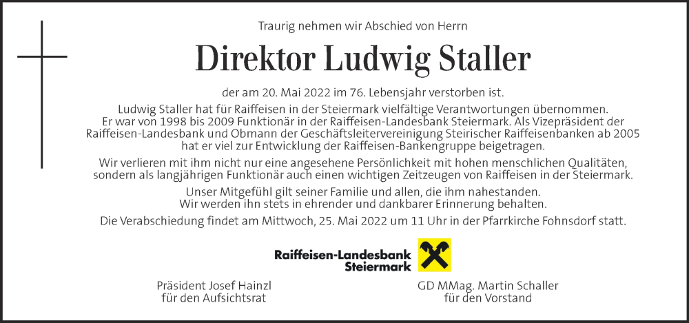  Traueranzeige für Ludwig Staller vom 24.05.2022 aus Kleine Zeitung